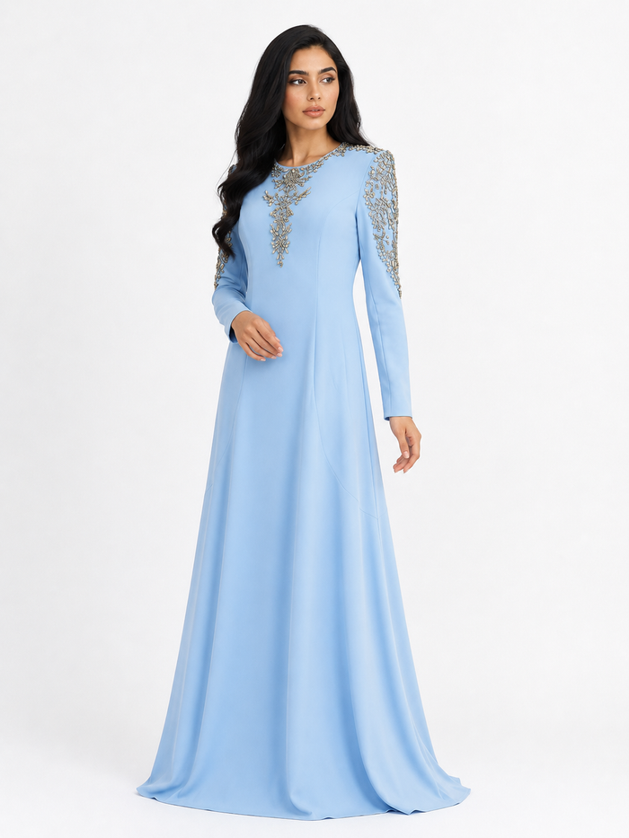 Crystal Embellished Maxi Dress - Sky