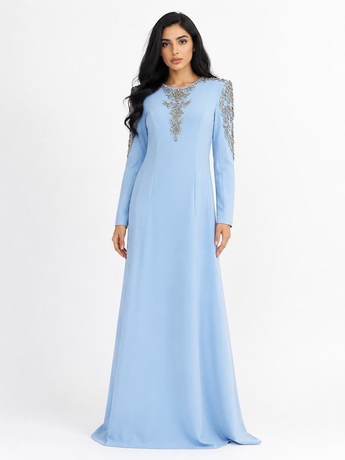 Crystal Embellished Maxi Dress - Sky