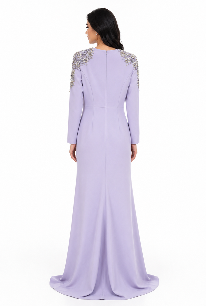 Crystal Embellished Shoulder Mermaid Maxi Dress - Amethyst