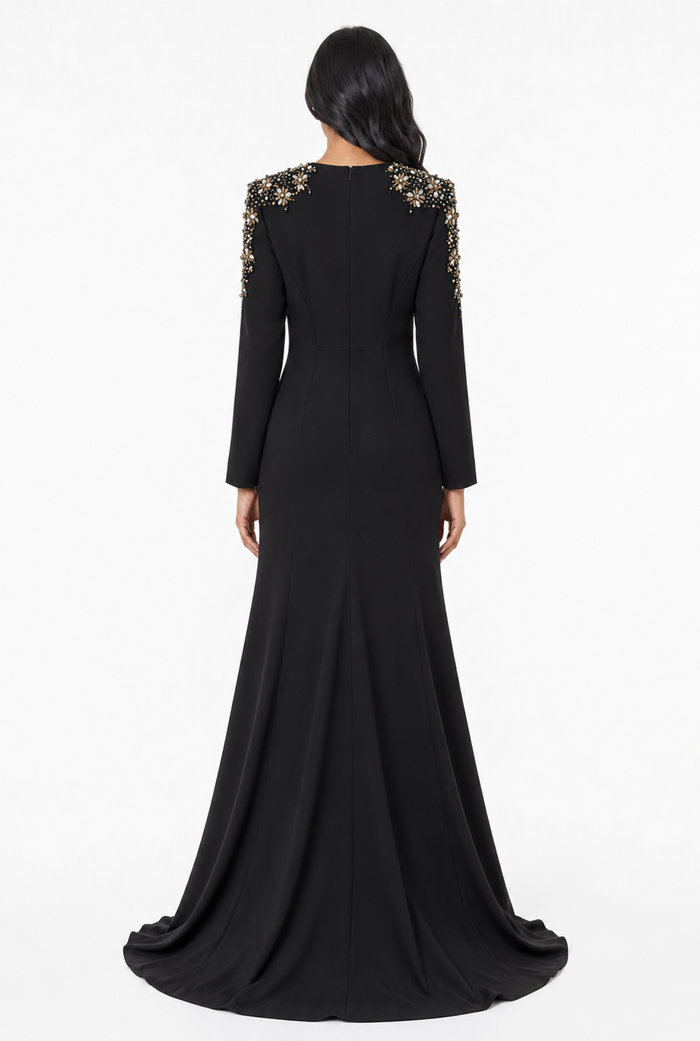 Crystal Embellished Shoulder Mermaid Maxi Dress - Amethyst