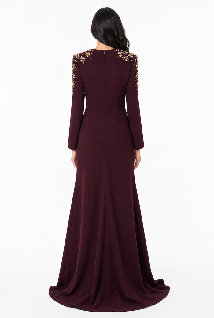 Crystal Embellished Shoulder Mermaid Maxi Dress - Amethyst