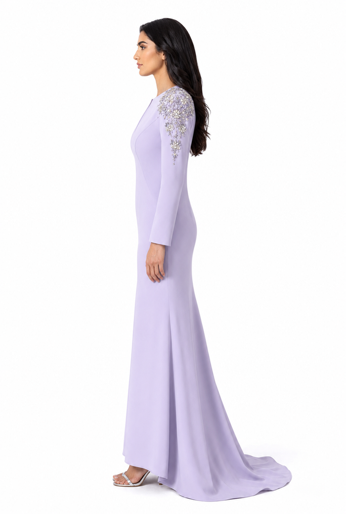 Crystal Embellished Shoulder Mermaid Maxi Dress - Amethyst