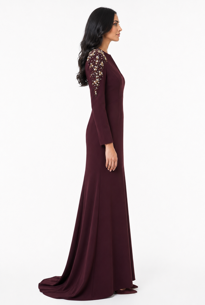 Crystal Embellished Shoulder Mermaid Maxi Dress - Amethyst