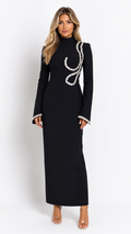 Crystal Trim High-Neck Midi Dress - Elegance