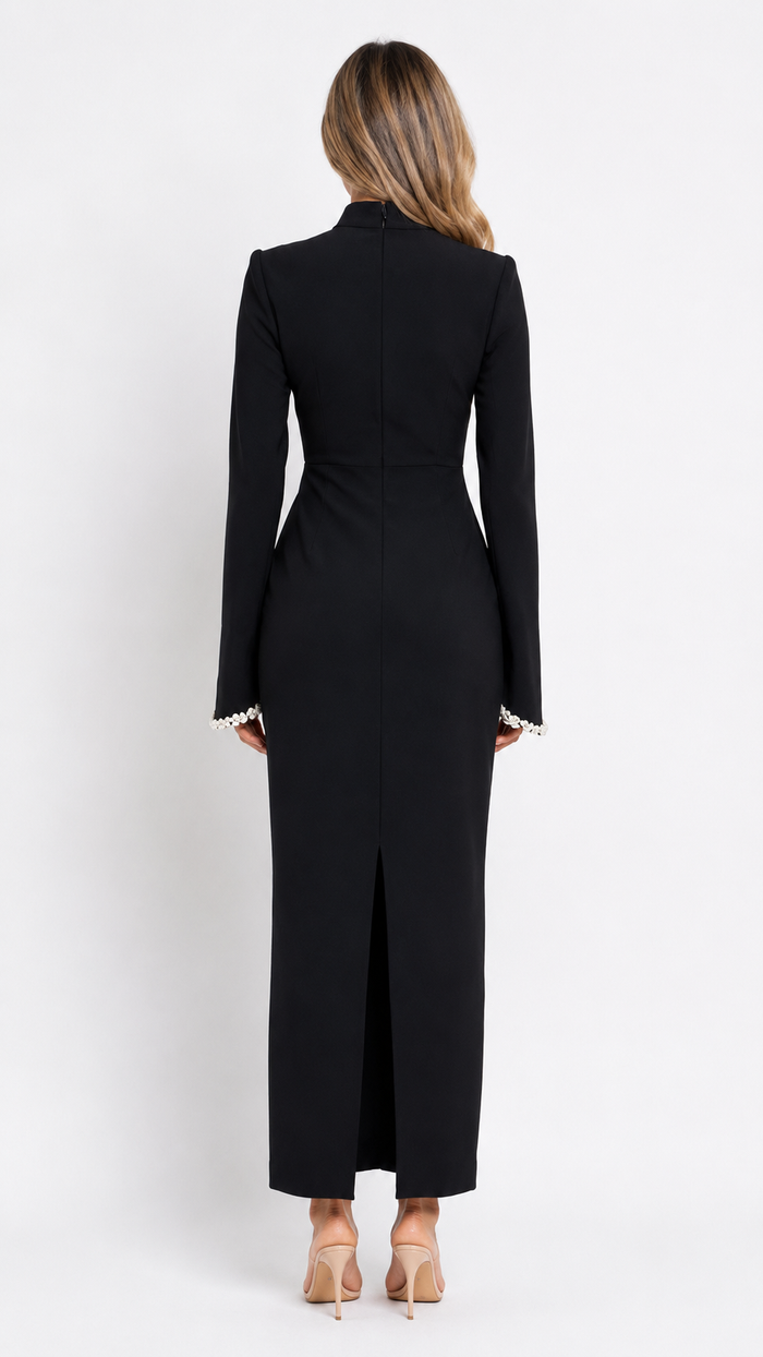 Crystal Trim High-Neck Midi Dress - Elegance