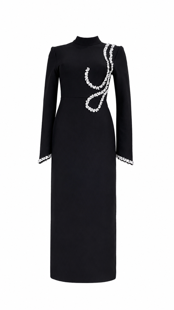 Crystal Trim High-Neck Midi Dress - Elegance