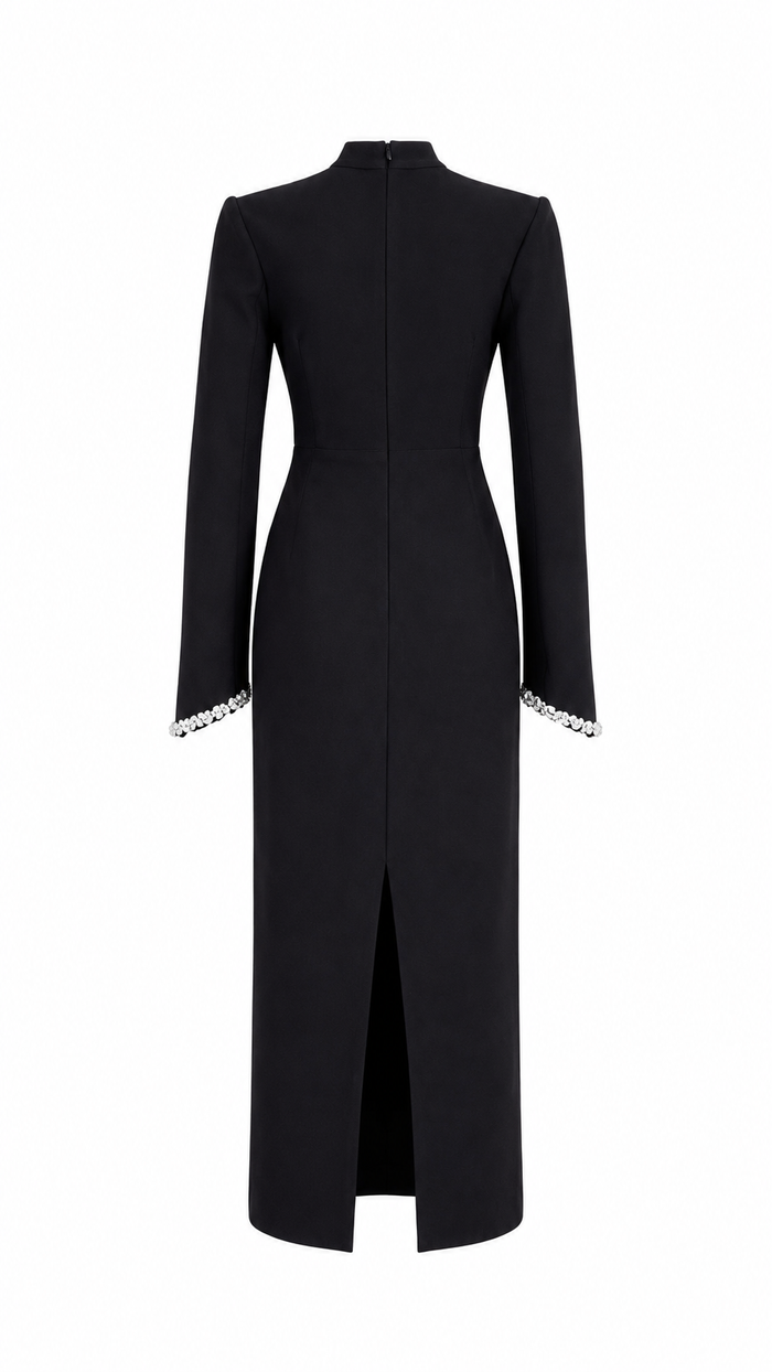 Crystal Trim High-Neck Midi Dress - Elegance