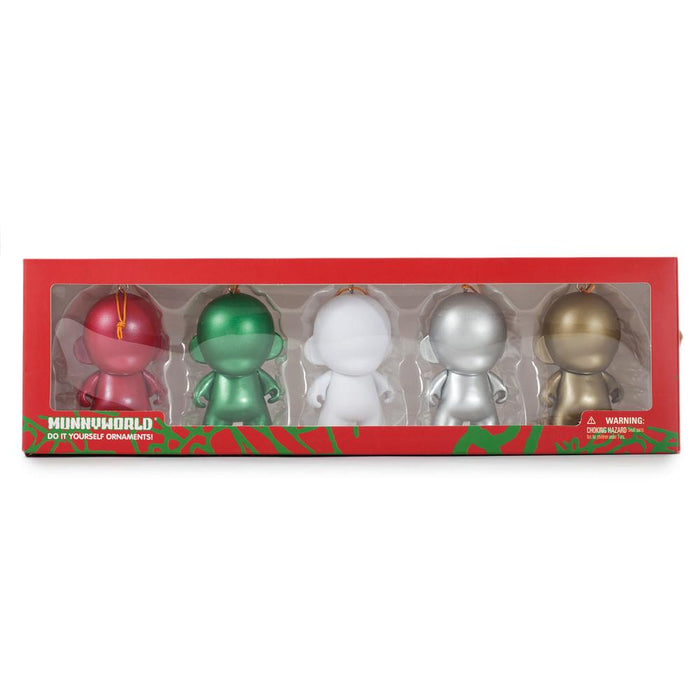 Set of five customizable DIY MUNNY World vinyl ornaments by Kidrobot featuring Tristan Eaton designs, perfect for decorating.