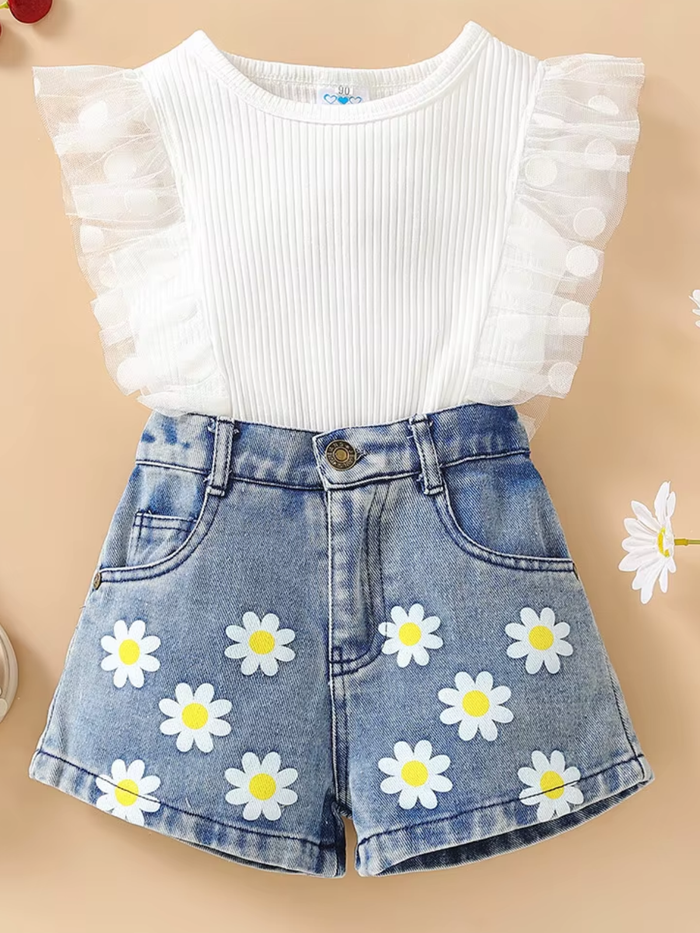 Daisy Dream Flutter Sleeve Top and Denim Short Set