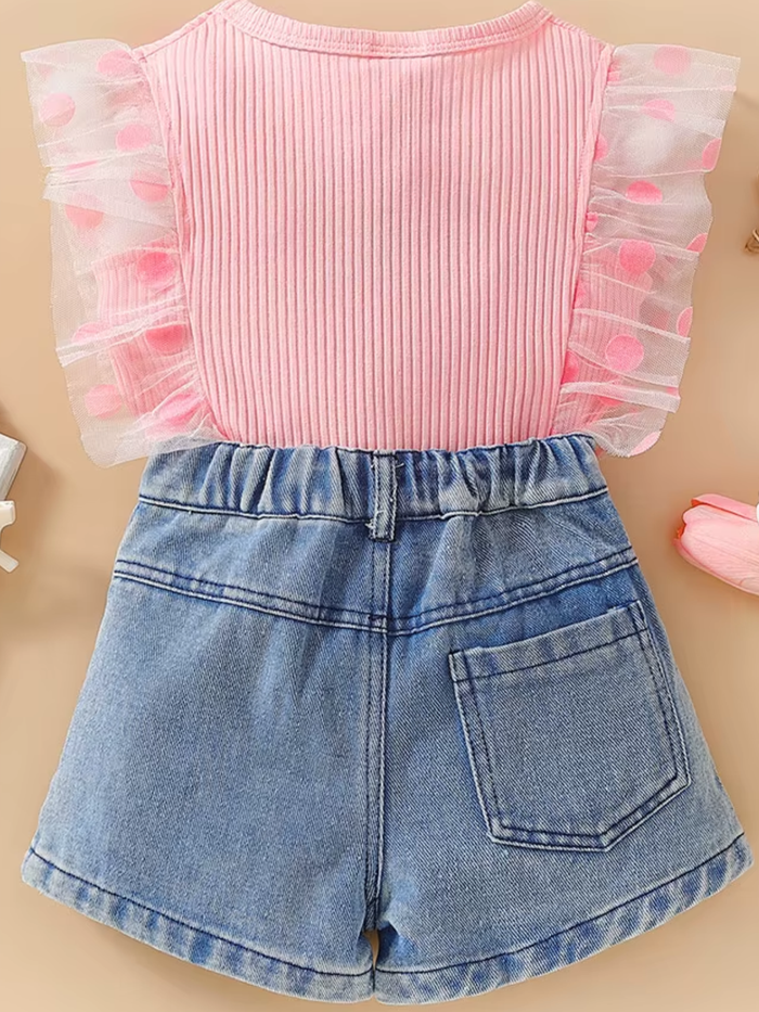 Daisy Dream Flutter Sleeve Top and Denim Short Set