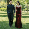 Dark Red Velvet Formal Gown Party Dress with Spaghetti Straps - Rosymae