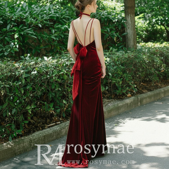 Dark Red Velvet Formal Gown Party Dress with Spaghetti Straps - Rosymae
