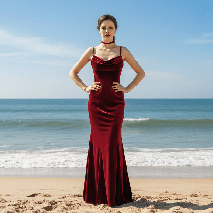 Dark Red Velvet Formal Gown Party Dress with Spaghetti Straps - Rosymae