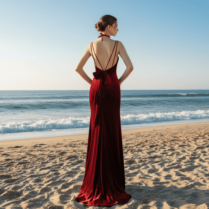 Dark Red Velvet Formal Gown Party Dress with Spaghetti Straps - Rosymae