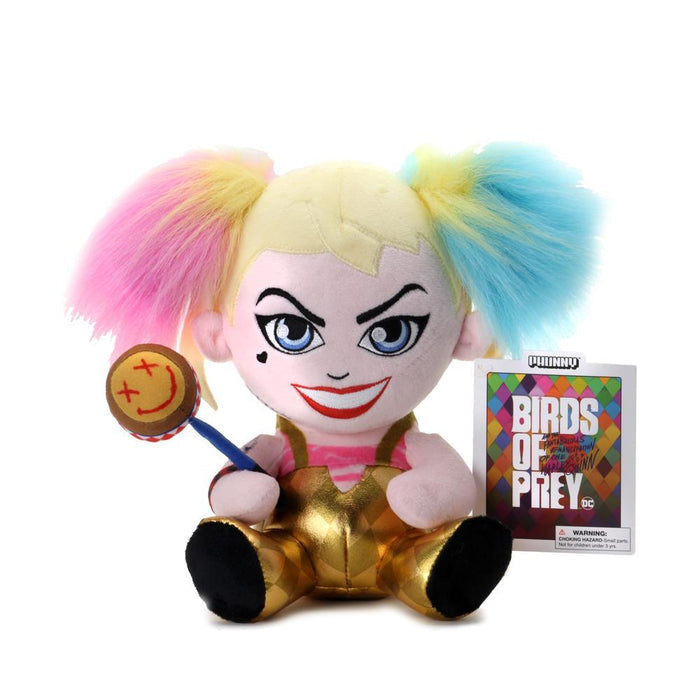 DC Comics Birds of Prey Harley Quinn plush toy by Kidrobot, soft stuffed character featuring Harley Quinn's signature costume and colors.