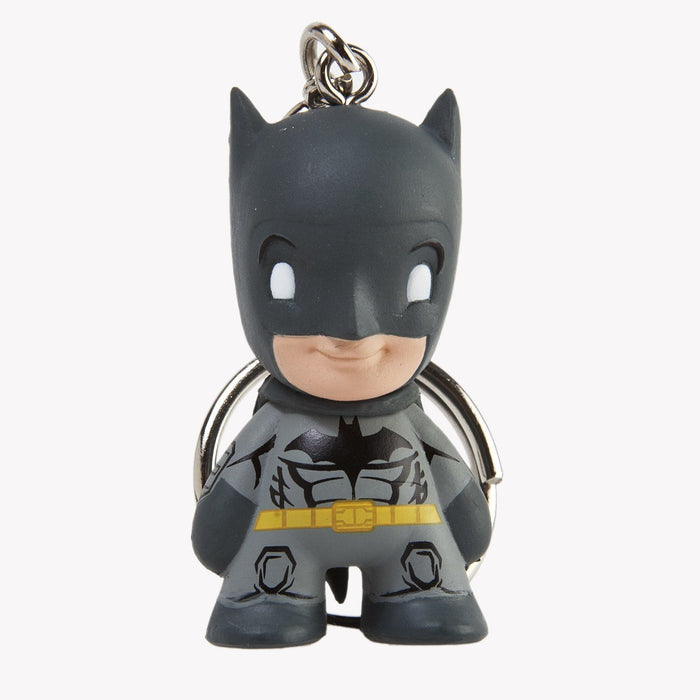 Gray DC Universe Batman keychain with vinyl and metal components, featuring Batman logo and character details.