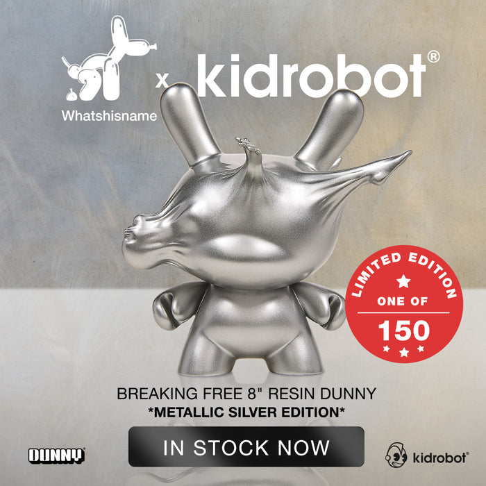 8-inch metallic silver resin Dunny by WHATSHISNAME from the DCON 2022 Breaking Free limited edition collection.