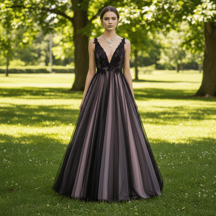 Deep V Neck Pink and Black Formal Dresses Prom Party Gowns - Rosymae