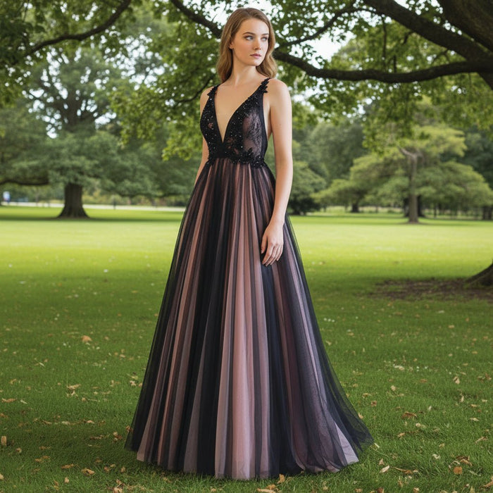Deep V Neck Pink and Black Formal Dresses Prom Party Gowns - Rosymae
