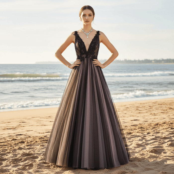 Deep V Neck Pink and Black Formal Dresses Prom Party Gowns - Rosymae