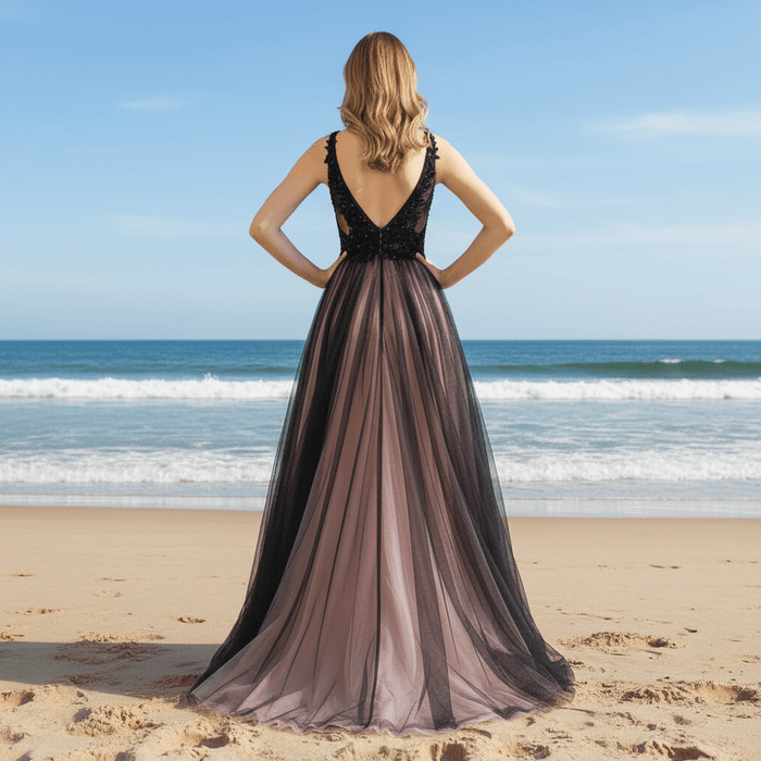 Deep V Neck Pink and Black Formal Dresses Prom Party Gowns - Rosymae