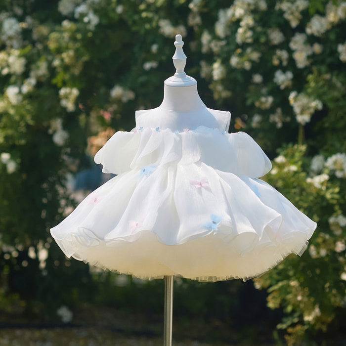 Delicate White Flower Girl Dress with Pastel Bow Appliques Off Shoulder Tulle Wedding Guest Party Dress J911