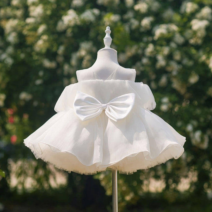 Delicate White Flower Girl Dress with Pastel Bow Appliques Off Shoulder Tulle Wedding Guest Party Dress J911