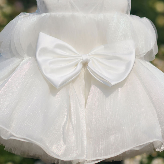 Delicate White Flower Girl Dress with Pastel Bow Appliques Off Shoulder Tulle Wedding Guest Party Dress J911