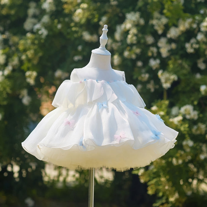 Delicate White Flower Girl Dress with Pastel Bow Appliques Off Shoulder Tulle Wedding Guest Party Dress J911