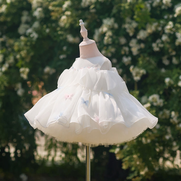 Delicate White Flower Girl Dress with Pastel Bow Appliques Off Shoulder Tulle Wedding Guest Party Dress J911