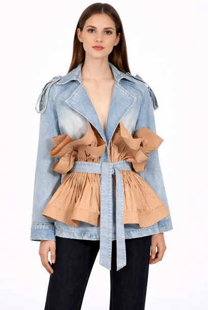 denim jacket with sculpted contrast waist and belt – SANDRA