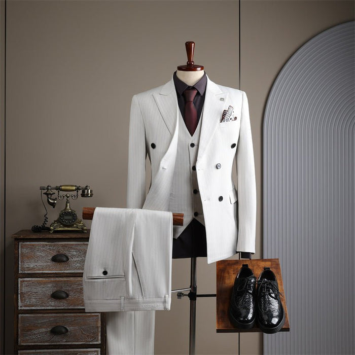 Double Breasted Striped White Groom's Wedding Suit Set - Rosymae