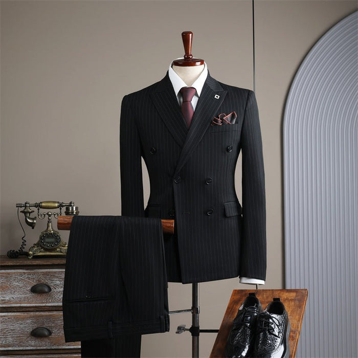Double Breasted Striped White Groom's Wedding Suit Set - Rosymae