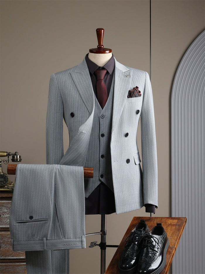 Double Breasted Striped White Groom's Wedding Suit Set - Rosymae