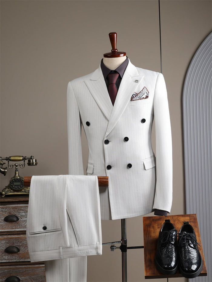Double Breasted Striped White Groom's Wedding Suit Set - Rosymae