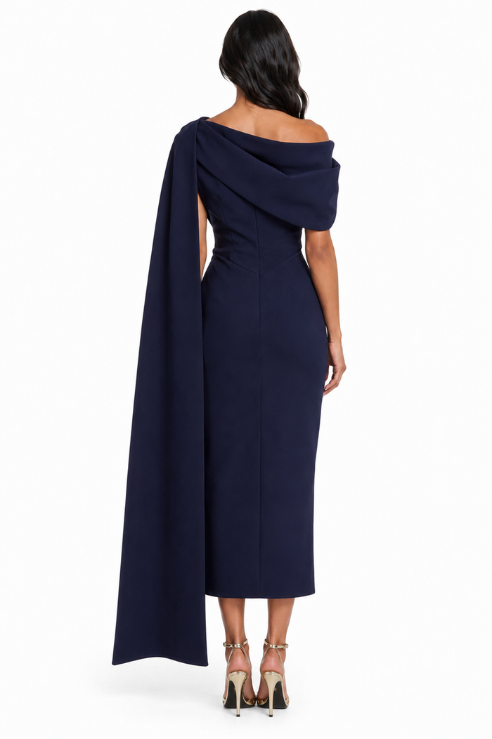 Draped Off-Shoulder Midi Dress - Midnight