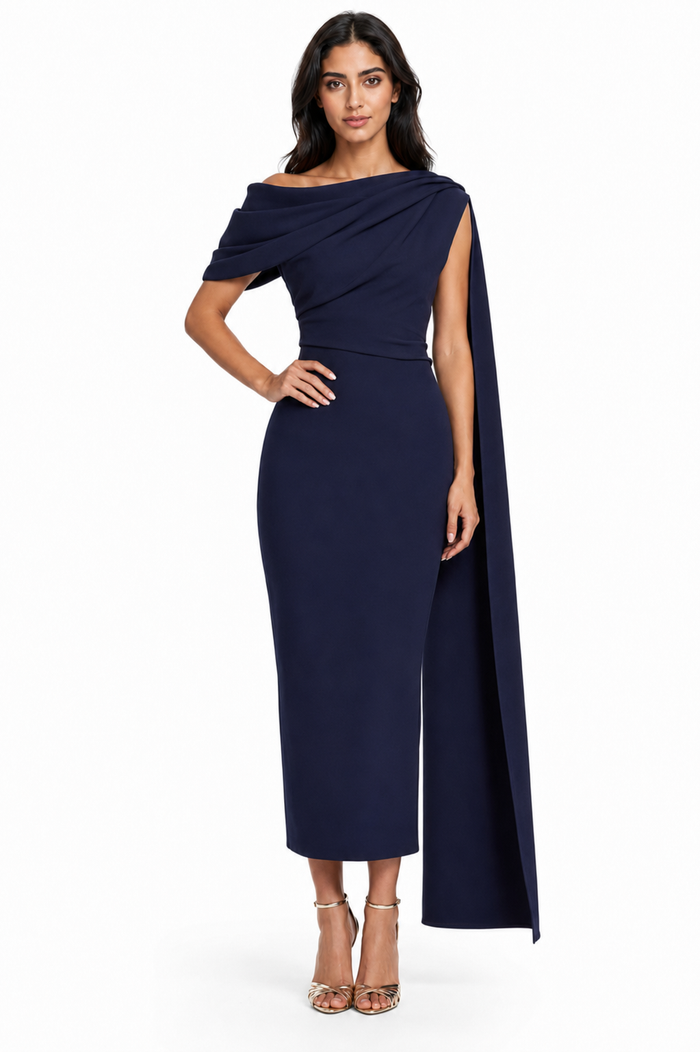 Draped Off-Shoulder Midi Dress - Midnight