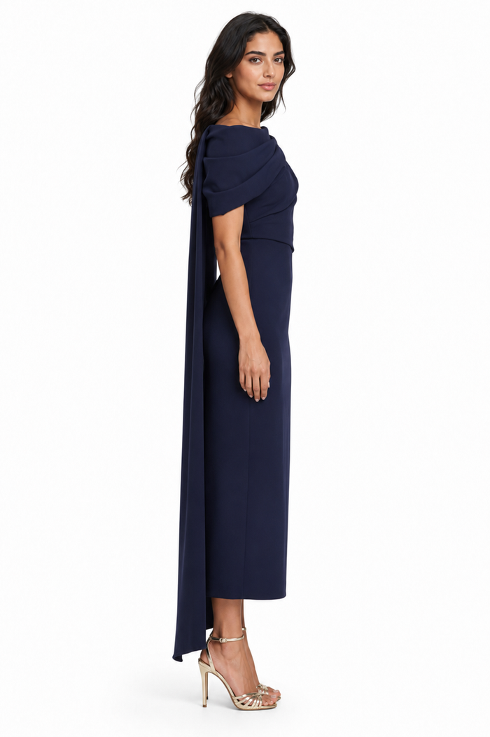 Draped Off-Shoulder Midi Dress - Midnight