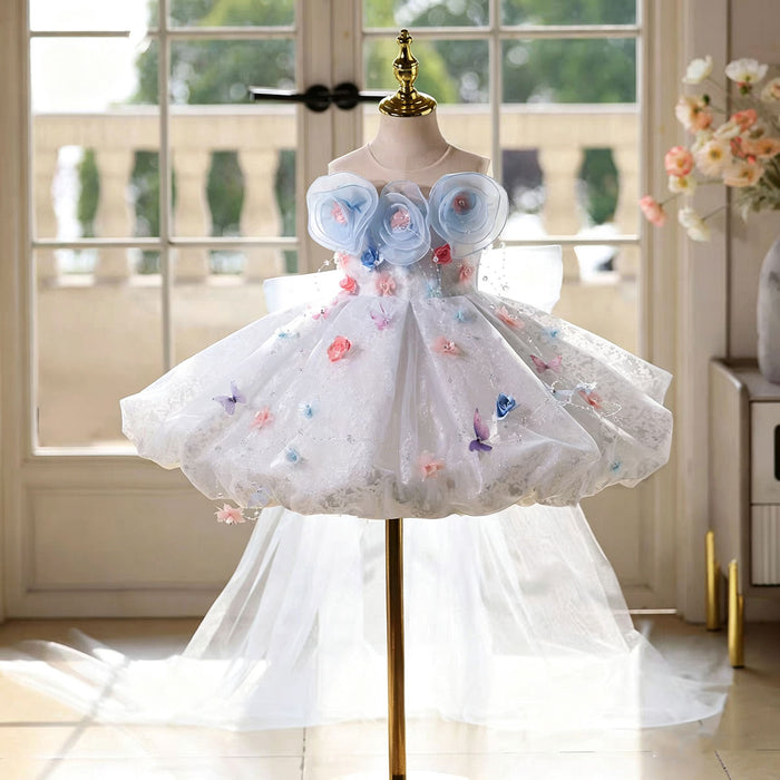 Dreamy Blue Flower Girl Dress with 3D Flowers Butterfly Tulle Princess Party Gown J896