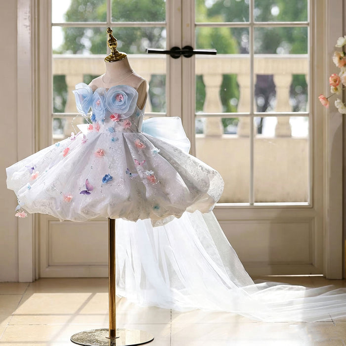 Dreamy Blue Flower Girl Dress with 3D Flowers Butterfly Tulle Princess Party Gown J896