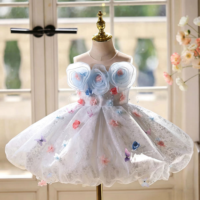 Dreamy Blue Flower Girl Dress with 3D Flowers Butterfly Tulle Princess Party Gown J896