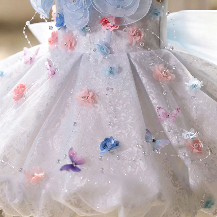 Dreamy Blue Flower Girl Dress with 3D Flowers Butterfly Tulle Princess Party Gown J896