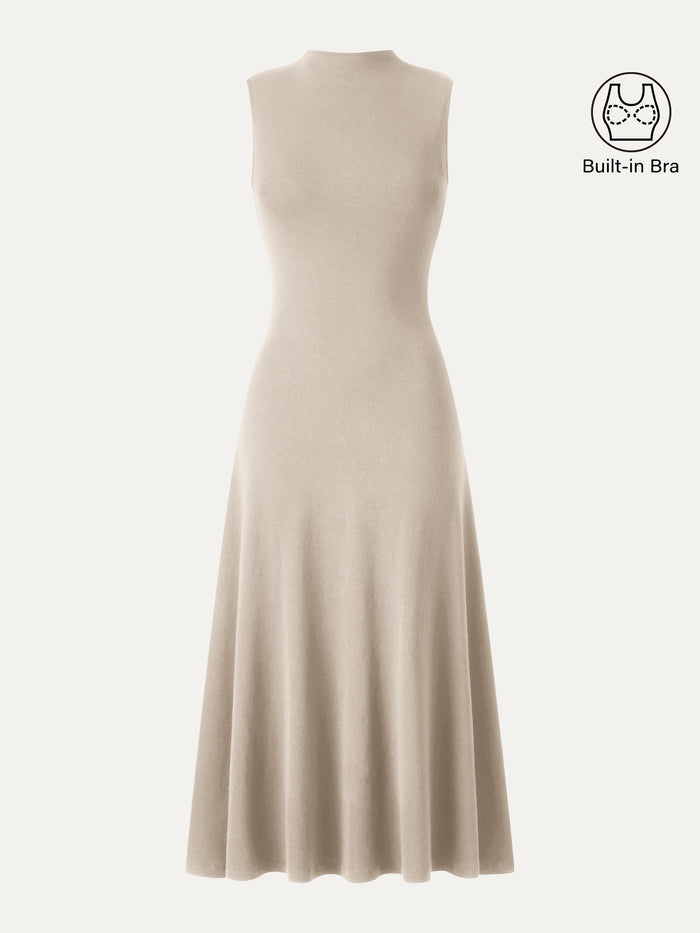 OGLmove Eco-Mousse® Mock Neck Sleeveless A-Line Midi Bra Dress Natural Calico XXS