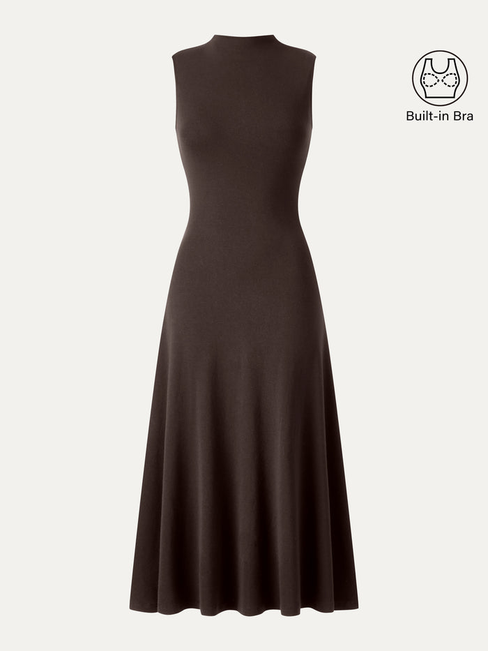 OGLmove Eco-Mousse® Mock Neck Sleeveless A-Line Midi Bra Dress Espresso Shut XXS
