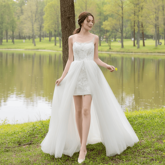 Elegant A-line Fitted Short Wedding Dresses with Detachable Overskirt - Rosymae