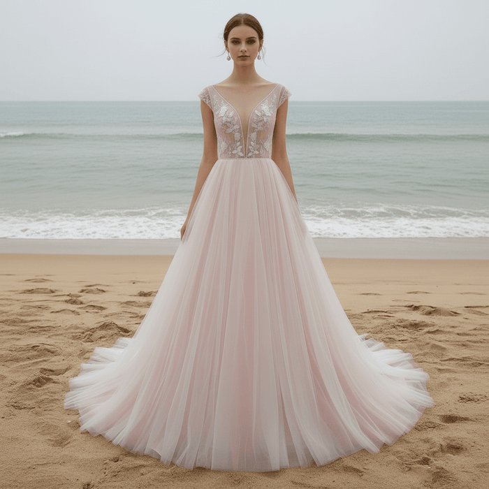 Elegant A-line Flowy Wedding Dress with Cap Sleeve for Beach - Rosymae