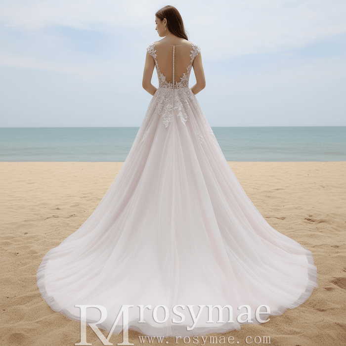 Elegant A-line Flowy Wedding Dress with Cap Sleeve for Beach - Rosymae