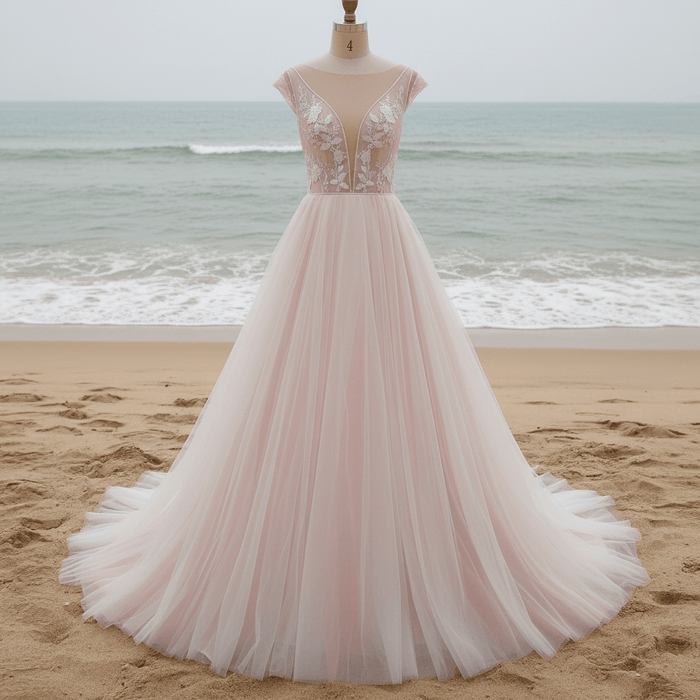 Elegant A-line Flowy Wedding Dress with Cap Sleeve for Beach - Rosymae