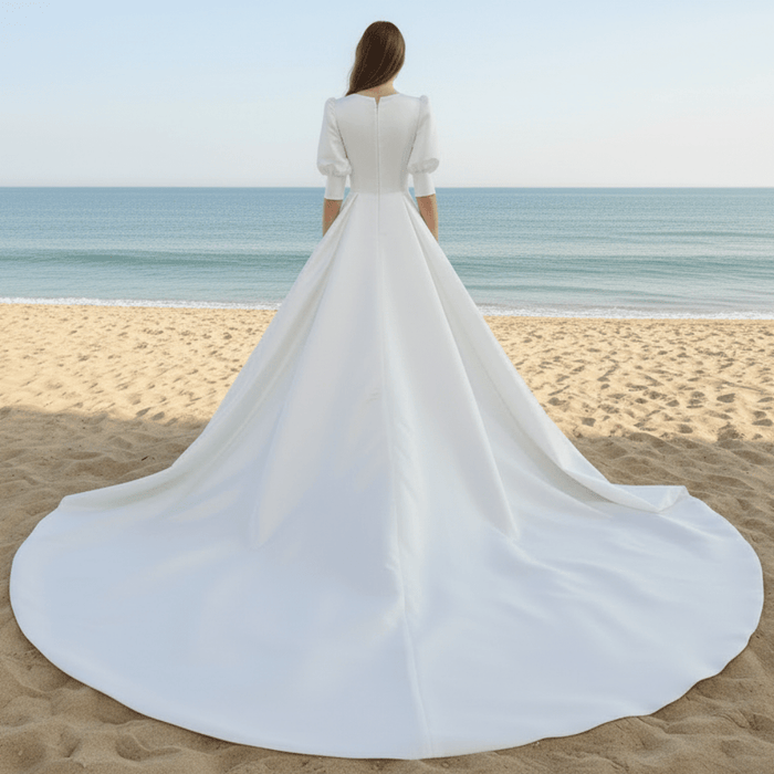 Elegant A-line Satin Vintage Wedding Dress with Long Lantern Sleeve - Rosymae