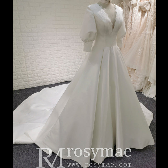 Elegant A-line Satin Vintage Wedding Dress with Long Lantern Sleeve - Rosymae